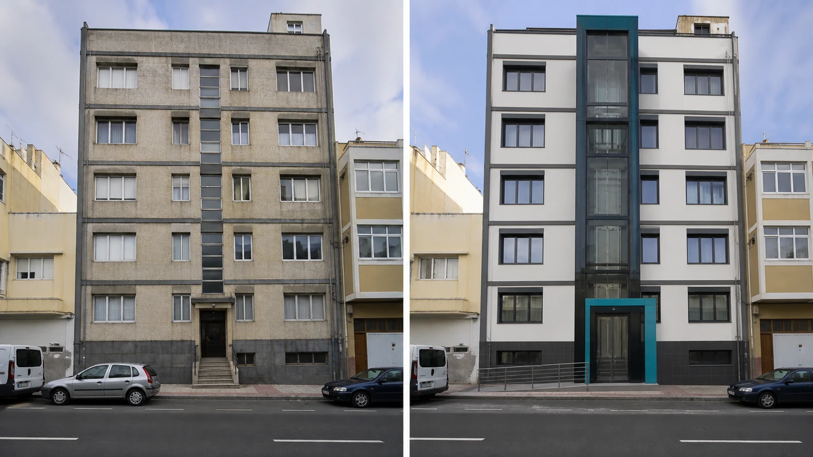 Comparativa conceptual del mismo edificio antes y después de instalar un ascensor exterior en la fachada