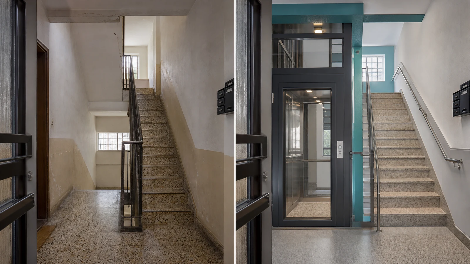 Comparativa conceptual del mismo núcleo de escalera antes y después de incorporar un ascensor compacto
