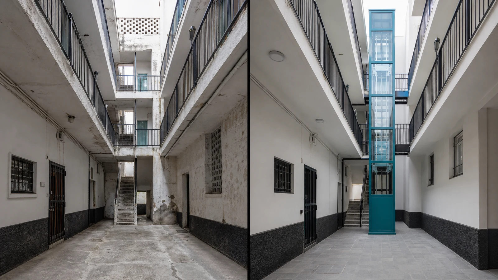 Comparativa conceptual del mismo patio interior antes y después de instalar un ascensor panorámico